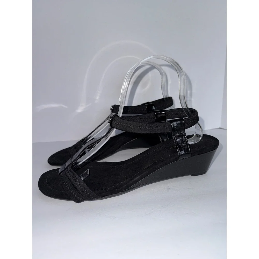 Dana Buchman 9 T-bar Blk Heel Wedge Sandals Summer Whimsigoth Office Career Y2K - Picture 5 of 12